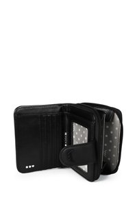 Black leather wallet with a zip closure, multiple card slots, clear ID window, and gray polka dot lining. Compact design with a secure snap.