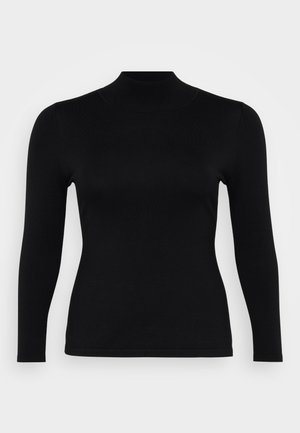 Svart langermet turtleneck-topp laget av myk, glatt stoff. Slim fit med høy hals og rett nedkant, preget av minimale sømmer og uten mønstre.