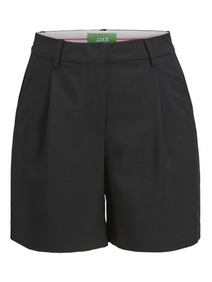 Shorts noirs à taille haute, cintrés, avec passants pour ceinture et fermeture éclair à l'avant, étiquetés JJXX sur la ceinture intérieure.