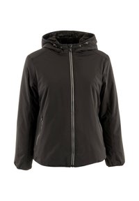 Giacca nera con cappuccio, zip davanti e due tasche laterali. Presenta un morbido rivestimento interno e polsini elasticizzati per calore e comfort.