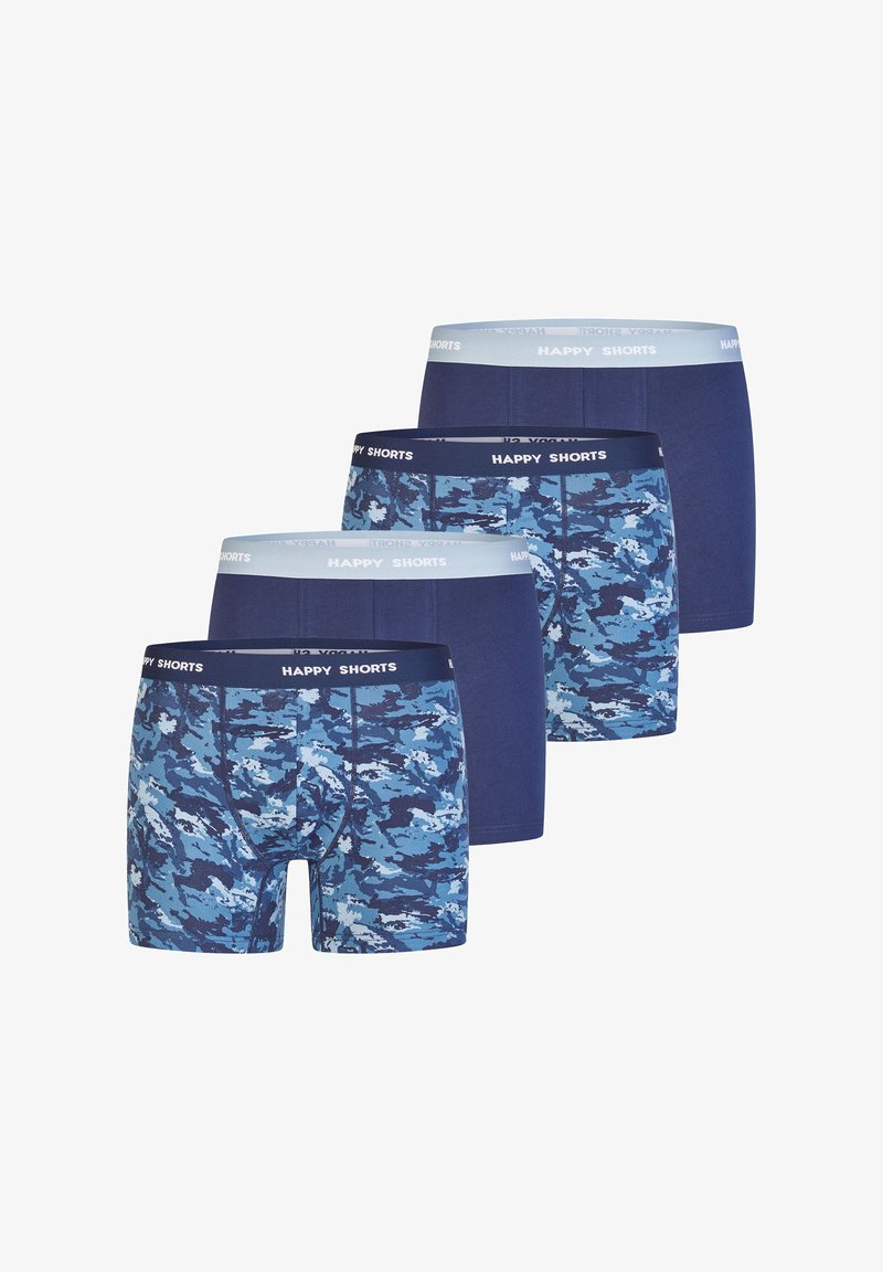 Čtyři páry boxerky s modrým maskovacím vzorem a jednobarevnou námořnickou barvou. Elastický pás s označením "ŠŤASTNÉ BOXERKY". Materiál z bavlněné směsi.