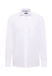 Camicia bianca a maniche lunghe con colletto classico, taschino frontale e bottoni argentati lungo la chiusura. Tessuto dalla trama liscia.
