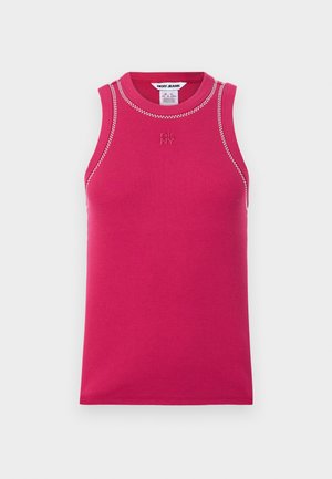 Fuchsia sleeveless ribbed tank top with round neckline, featuring DKNY logo stitched at the center and contrasting white stitching details.