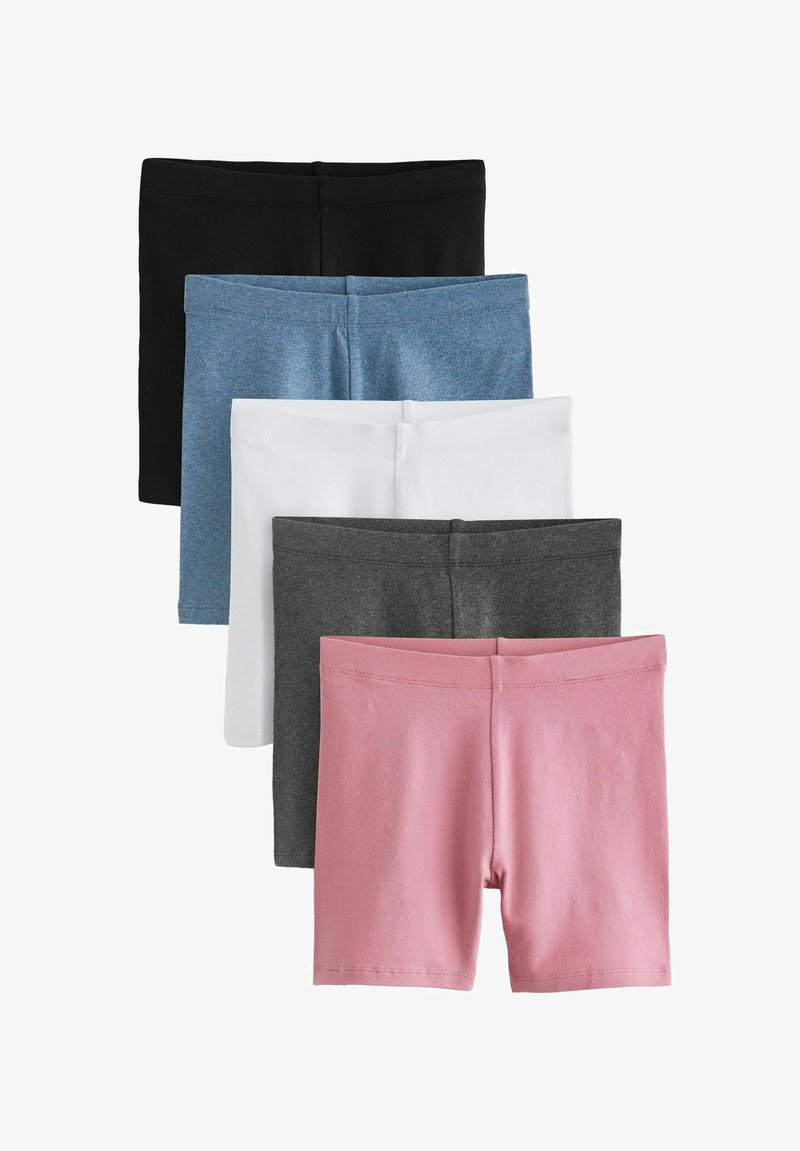 Cinquepair di pantaloni corti in cotone: neri, blu, bianchi, grigi e rosa, con una vita senza cuciture e un design basic e aderente senza decorazioni.