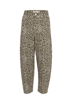 Leopardenmuster-gekröpfte Hose mit lockerem Schnitt, in Beige und Dunkelgrün, aus einem strukturierten Stoff mit einem elastischen Bund und Taschen.