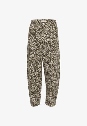 Leopard-print cropped pants featuring a loose fit, beige and dark green colors, and a textured fabric with an elastic waistband and pockets.