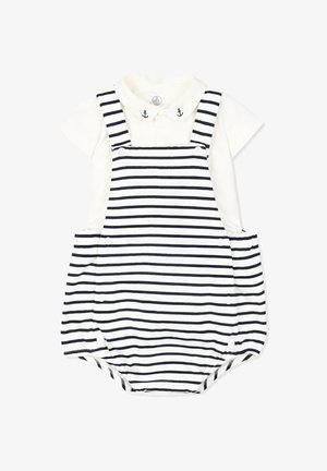 Tutina per neonati con righe orizzontali blu navy e bianche, bretelle attaccate e camicia bianca con colletto e piccolo ricamo di ancora.