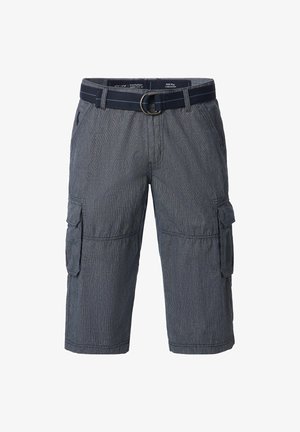 Cargo-Shorts in Dunkelblau aus strukturiertem Stoff, mit einem Gürtel, mehreren Seitentaschen und einem lockeren Schnitt für Komfort.