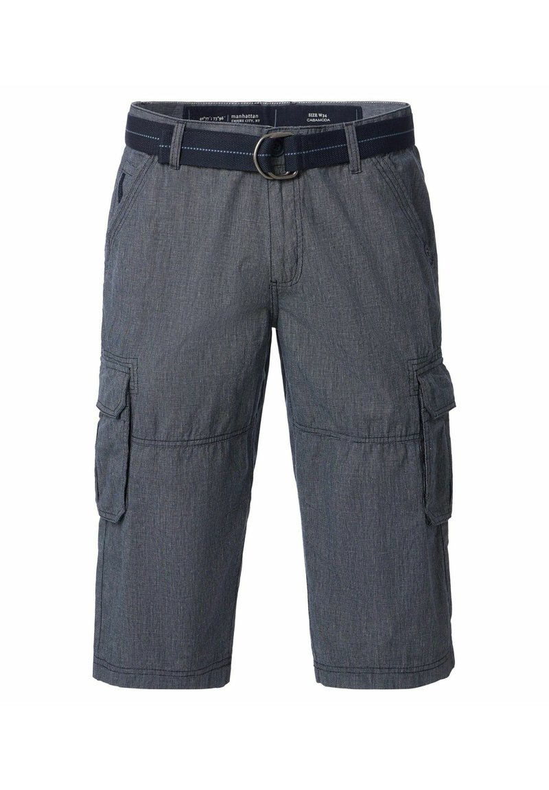 Cargo-Shorts in Dunkelblau aus strukturiertem Stoff, mit einem Gürtel, mehreren Seitentaschen und einem lockeren Schnitt für Komfort.