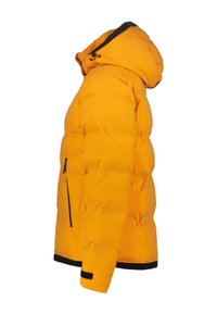 Yellow puffy jacket with a hood, featuring a black zipper pocket and a contrasting black hem at the base and cuffs. Soft quilted texture.