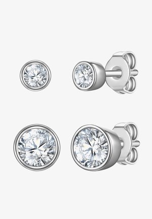 Sidabriniai auskarai su apvaliais, skaidriais kubiniais zirkoniais. Dizainas apima glotnų, poliruotą paviršių ir saugų fiksavimą.