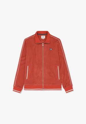 Kurtka na zamek w kolorze rdzy z białym pipingiem na rękawach, ściągaczami na mankietach i dole, kieszeniami po bokach oraz małym logo na piersi.