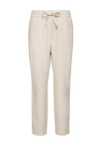 Beige eng zulaufende Hose mit einem elastischen Bund und verstellbarem Kordelzug. Glatter Stoff mit Seitentaschen und gesteppten Nähten.