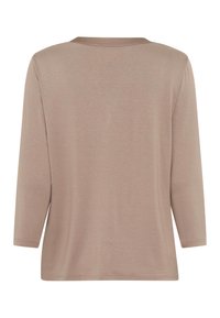 Haut taupe à manches longues avec encolure ronde, dos uni et surpiqûres simples à l'ourlet, présenté sur un fond blanc.