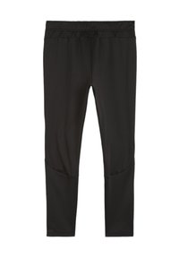 Zwarte sportleggingen gemaakt van rekbaar materiaal, met een gladde textuur, een elastische tailleband en subtiele naaddetails.