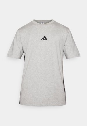 Gray short-sleeve t-shirt made of cotton, featuring a black Adidas logo on the chest and black side accents. Crew neck design.