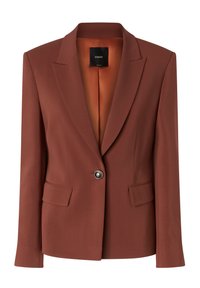 Smeđa odijeljena blazer jakna s dva prednja džepa, jednim gumbom za zatvaranje, reverima i glatkom vanjskom obradom za sleek izgled.