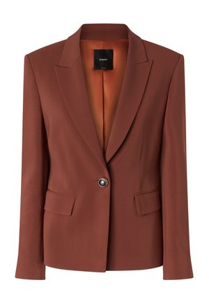 Blazer marrone su misura con due tasche frontali, chiusura a un bottone, revers a punta e una finitura esterna liscia per un aspetto elegante.