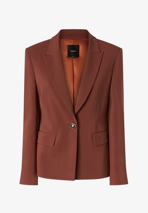 Smeđa odijeljena blazer jakna s dva prednja džepa, jednim gumbom za zatvaranje, reverima i glatkom vanjskom obradom za sleek izgled.