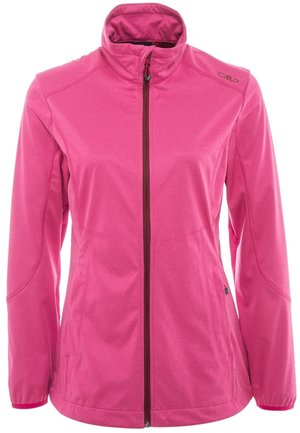 Pinkes Damen-Jackett mit Reißverschluss, langen Ärmeln, hohem Kragen und dezentem Logo auf der linken Schulter, entworfen für Outdoor- oder Freizeitkleidung.