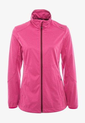 Chaqueta rosa para mujer con cremallera, mangas largas, cuello alto y logo sutil en el hombro izquierdo, diseñada para uso al aire libre o informal.