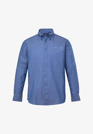 Blauw button-up overhemd met lange mouwen, gemaakt van gestructureerde stof, met een kraag, knopen aan de voorkant en een geborduurd "SAILOR"-logo met coördinaten.