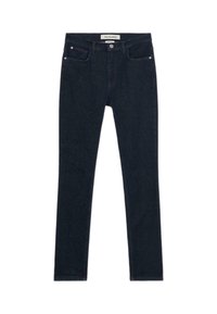 Jeans ajustados de denim azul oscuro con un diseño clásico de cinco bolsillos, terminados con costuras rojas y un cierre de botón plateado.