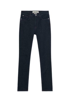Tmavě modré džínové skinny jeans s klasickým designem pěti kapes, doplněné červeným šitím a stříbrným knoflíkem.