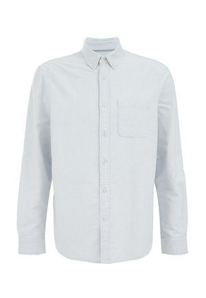 Light blue long-sleeve button-up shirt made of soft fabric, featuring a left chest pocket, buttoned collar, and straight hemline.