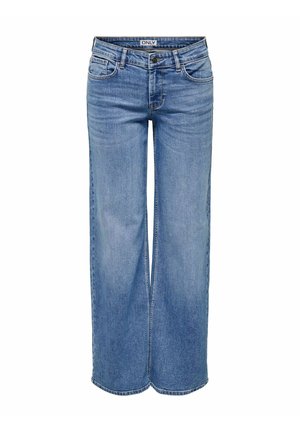 Lyseblå denim jeans med vide ben, frontknap, lynlås, bæltestropper og fem-lomme design, mærket "ONLY" på linningen.