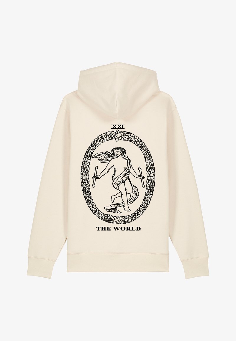 Un sweat à capuche couleur crème présentant un design graphique noir au dos, représentant une figure entourée d'une bordure ornée et du texte "XXI THE WORLD."