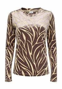 Långärmad topp i brun sammet med ett krämfärgat bladmönster. Rund halsringning med jämn textur, åtsittande design och subtil lyster.
