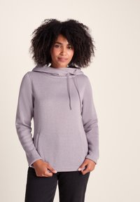 Light purple pullover hoodie with a relaxed fit, drawstring neck, and front pockets, made from soft textured fabric.