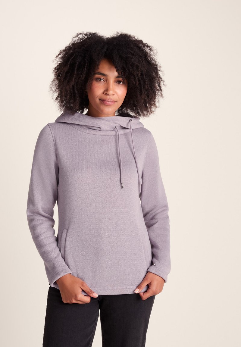 Light purple pullover hoodie with a relaxed fit, drawstring neck, and front pockets, made from soft textured fabric.