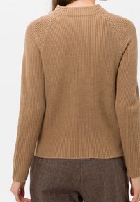 Pull tricoté marron clair avec texture côtelée, col rond et manches longues. Le dos présente une finition lisse sans coutures visibles.