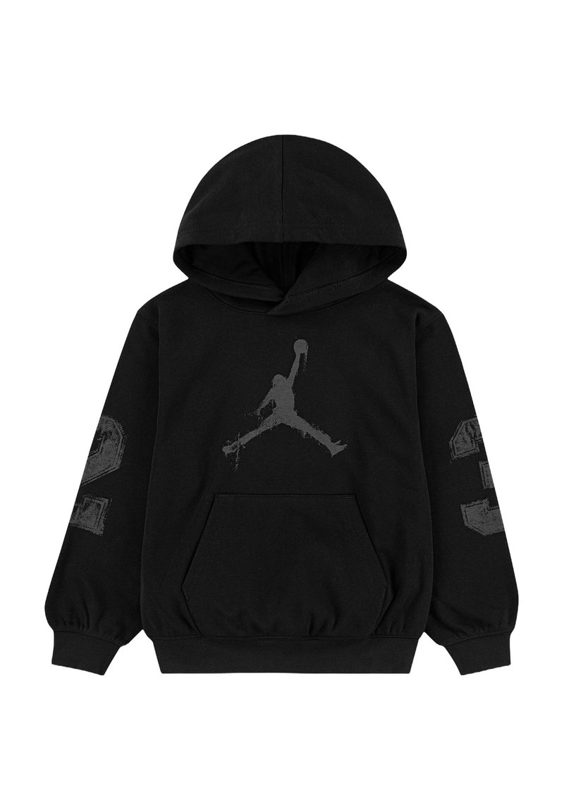 Felpa nera con cappuccio e tasca frontale a marsupio, logo Jumpman in grigio scuro sul petto e numero 23 su entrambe le maniche.