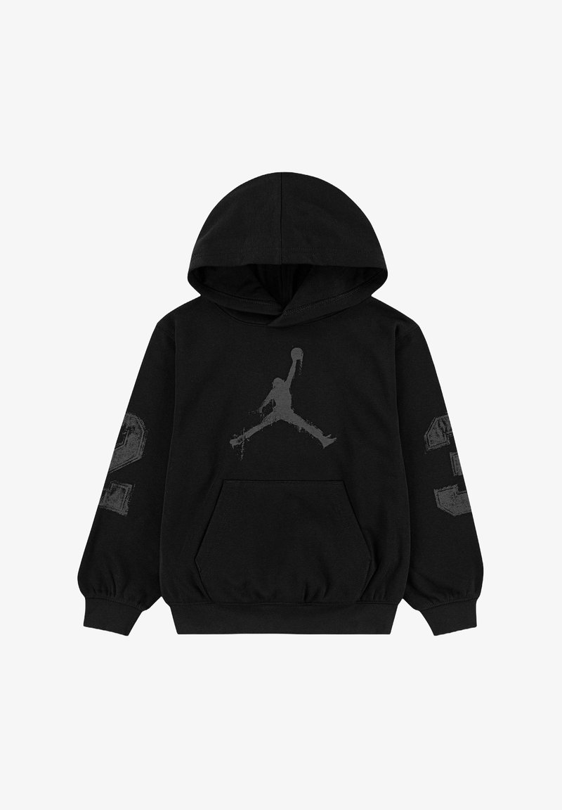 Felpa nera con cappuccio e tasca frontale a marsupio, logo Jumpman in grigio scuro sul petto e numero 23 su entrambe le maniche.