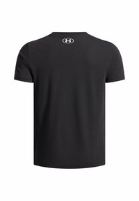 Camiseta negra de manga corta hecha de tejido suave, con un escote redondo y un pequeño logo en la parte superior de la espalda. Diseño simple, sin patrones.