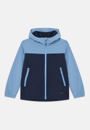 Giacca a cappuccio blu chiaro e blu navy con tasche con zip, design a pannelli a contrasto, texture liscia e polsini elastici.