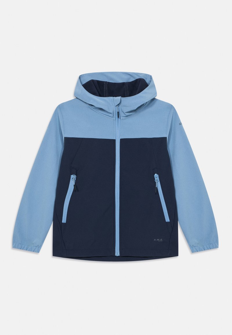 Light blue and navy hooded jacket with zippered pockets, contrasting panel design, smooth texture, and elastic cuffs.