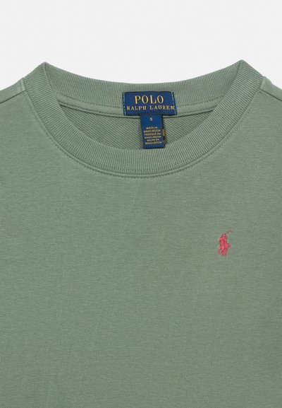 Πράσινο μπλουζάκι με λαιμόκοψη σε σχήμα κανονικό και ροζ λογότυπο Polo Ralph Lauren με άλογο στο στήθος, καθώς και μπλε ετικέτα μέσα στον γιακά που δείχνει τη μάρκα και το μέγεθος.