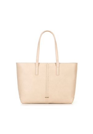 Beige draagtas van soepel faux leer, met twee lange handvatten, studdetails langs de middennaad en een minimalistisch ontwerp.