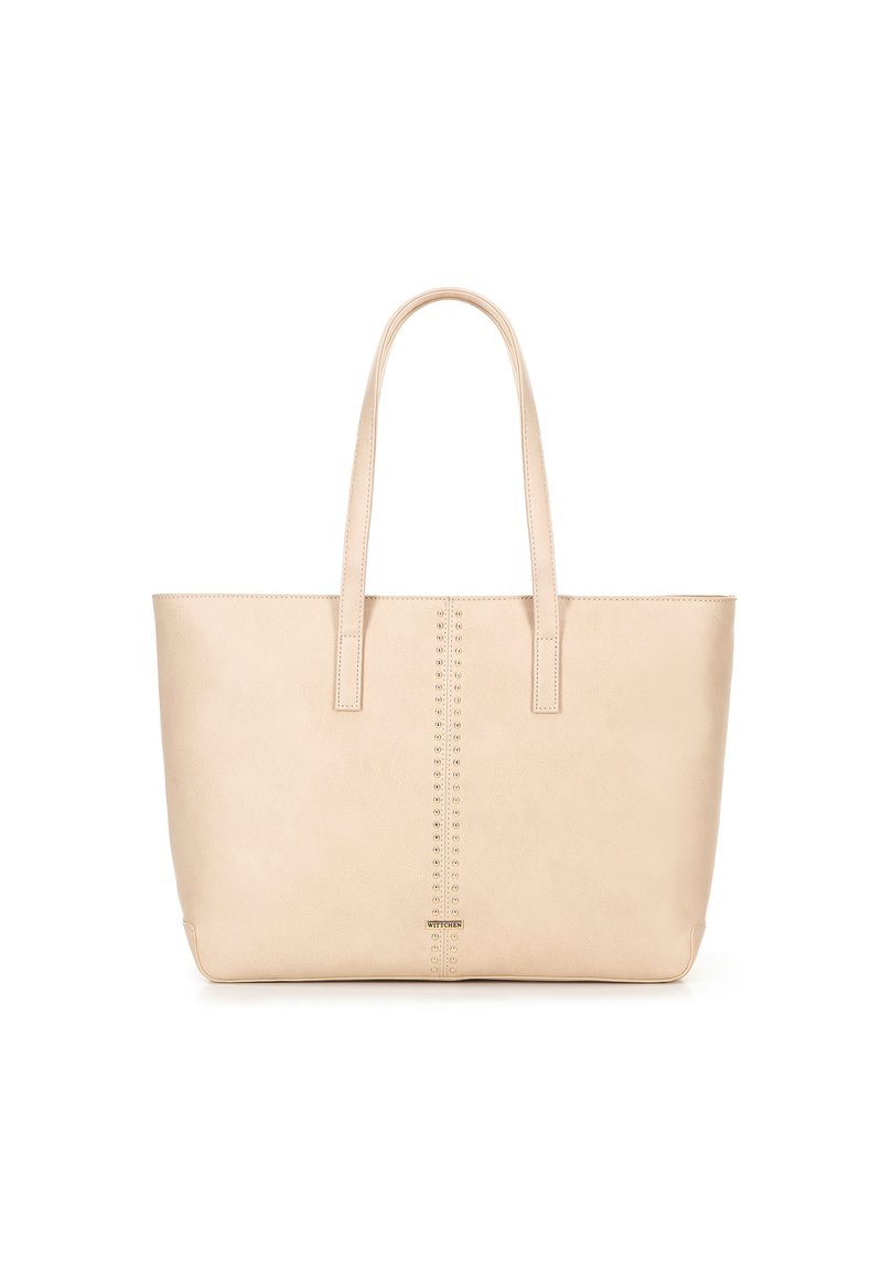 Beige draagtas van soepel faux leer, met twee lange handvatten, studdetails langs de middennaad en een minimalistisch ontwerp.