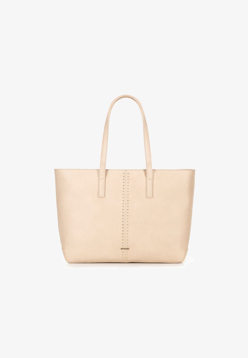 Beige draagtas van soepel faux leer, met twee lange handvatten, studdetails langs de middennaad en een minimalistisch ontwerp.