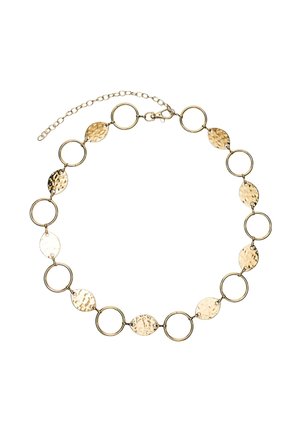 Naszyjnik łańcuchowy w złotym odcieniu z naprzemiennymi młotkowanymi owalnymi i gładkimi okrągłymi ogniwami, wyposażony w zapięcie typu karabińczyk i regulowany łańcuszek przedłużający.