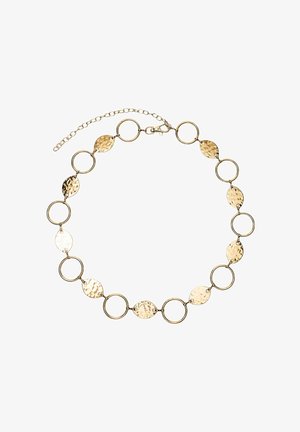 Naszyjnik łańcuchowy w złotym odcieniu z naprzemiennymi młotkowanymi owalnymi i gładkimi okrągłymi ogniwami, wyposażony w zapięcie typu karabińczyk i regulowany łańcuszek przedłużający.