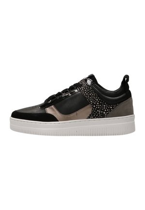 Black and metallic sneaker featuring a textured, spotted pattern on the sides and a white rubber sole. Lace-up design with contrasting materials.