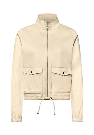 Veste beige zippée avec col montant, deux poches frontales à rabat avec boutons, cordon de serrage à l'ourlet et poignets élastiques aux manches longues.