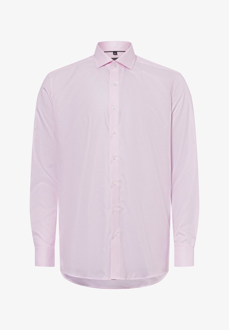 Hellrosa langärmliges Hemd mit klassischem Kragen, durchgehendem Knopfleiste und strukturiertem Stoff. Verfügt über einen abgerundeten Saum und knöpfbare Manschetten.