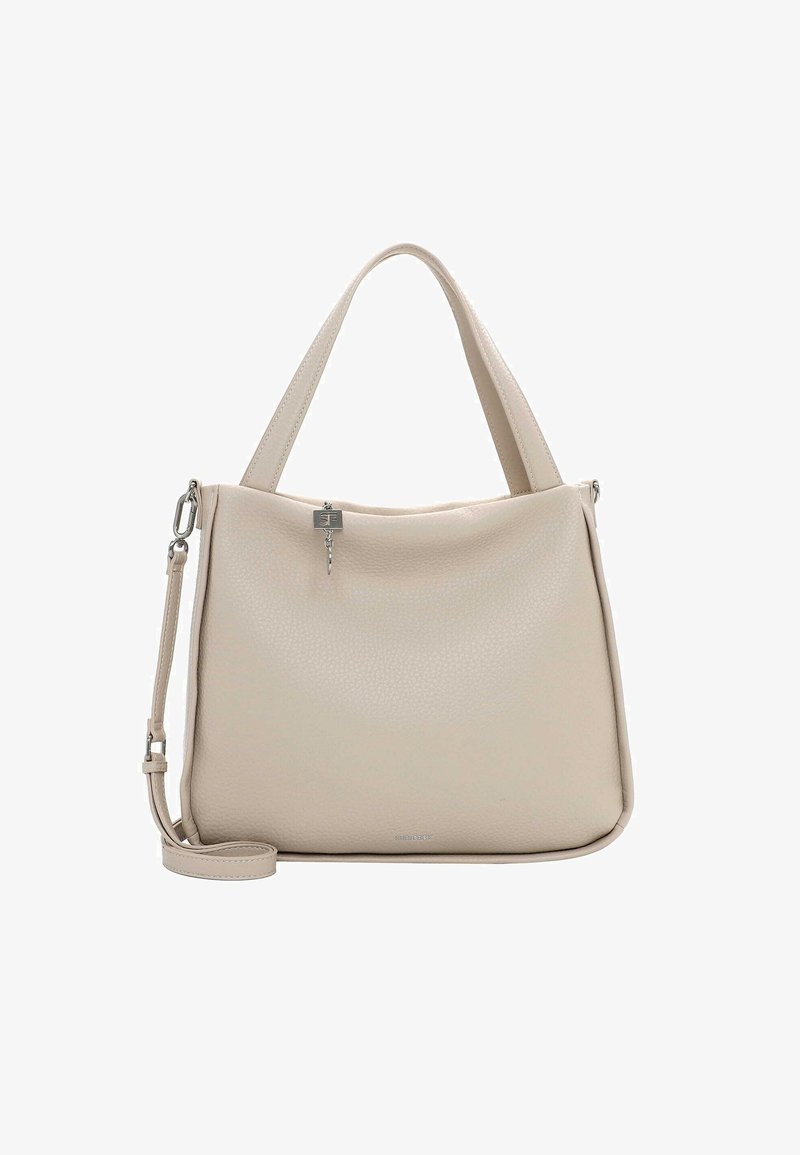 Beige Lederhandtasche mit einer genarbten Textur, kurzen Griffen und einem abnehmbaren Schulterriemen. Verfügt über ein kleines silbernes Logo-Accessoire.